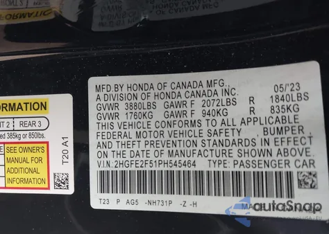 2023 Honda Civic Sport из США, поврежденный, VIN 2HGFE2F51PH545464